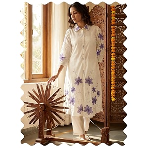 INDO ERA Womens Pure Cotton Embroidered A-Line
