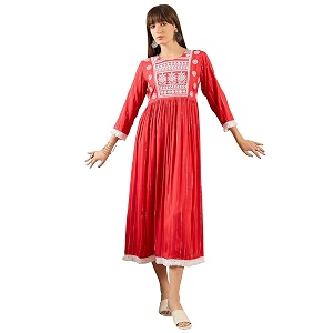 INDO ERA Womens Red Viscose Rayon Embroidered