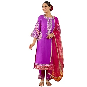 INDO ERA Womens Silk Blend Embroidered Straight