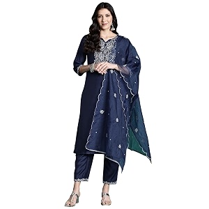 INDO ERA Womens Silk Blend Embroidered Straight