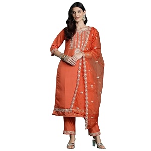 INDO ERA Womens Silk Blend Embroidered Straight
