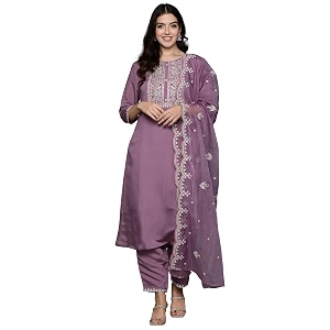 INDO ERA Womens Silk Blend Embroidered Straight