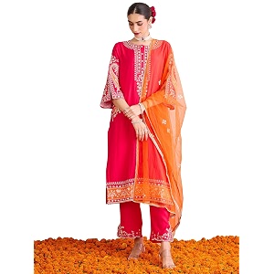 INDO ERA Womens Silk Blend Embroidered Straight