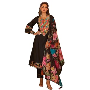 INDO ERA Womens Silk Blend Floral Embroidered