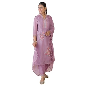 INDO ERA Womens Straight Organza Floral Embroidered