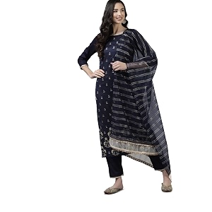 INDO ERA Women Pure Cotton Navy Blue