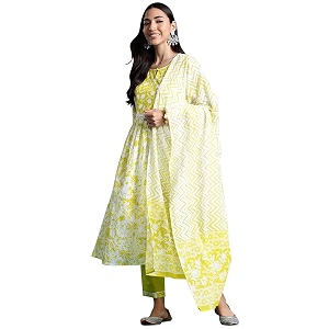 INDO ERA Women Pure Cotton Printed A-Line