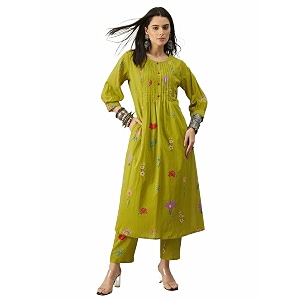 indo era women rayon viscose floral embroidered a-line kurta with pant setco-ord set