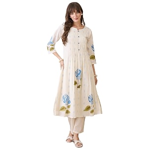 indo era women rayon viscose floral embroidered a-line kurta with pant setco-ord set