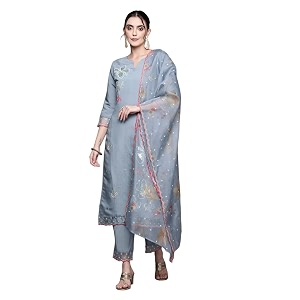 INDO ERA Women Viscose Brown Embroidered Straight
