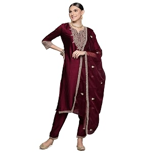 INDO ERA Womens Silk Blend Embroidered Straight