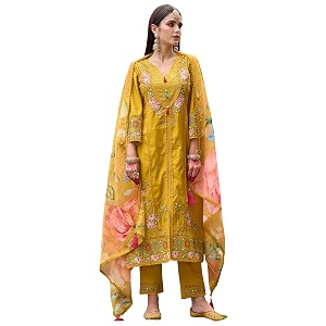 INDO ERA Womens Silk Blend Embroidered Straight