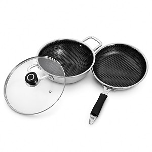induction cookware amp gas stove friendly triply honeycomb stainless steel 3 pcs cookware set  fry pan 24cm  kadai with glass lid 24cm  even amp fast cooking  silver