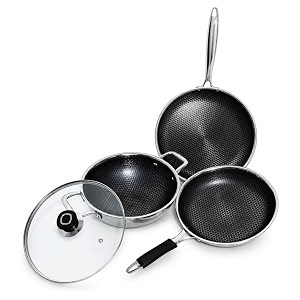 induction cookware amp gas stove friendly triply honeycomb stainless steel 4 pcs cookware set  fry pan 24cm  kadai with glass lid 24cm amp dosa tawa  even amp fast cooking  silver