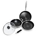 Induction Cookware &amp; Gas Stove Friendly Triply Honeycomb Stainless Steel 4 Pcs Cookware Set | Fry Pan 24cm | Kadai with Glass Lid 24cm &amp; Dosa Tawa | Even &amp; Fast Cooking | Silver