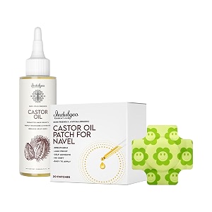 indulgeo essentials castor oil 200ml  navel patch for oil 20 pcs combo  castoroil patches for belly button  self-adhesive navel patches for oil therapy liver detox accelerate metabolism anti-seepage easy to use