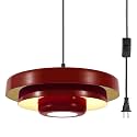 Industrial Red Hanging Pendant Light with 14.75ft Adjustable Cord, 3-Layer Metal Lampshade, E26 Base, Farmhouse Sink Lighting for Kitchen Island Dining Room Bedroom (Bulbs Not Included)