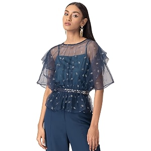 Indya Womens Teal Organza Sequin Peplum Top