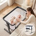 INFANS 3-in-1 Baby Bassinet, Bedside Sleeper, 50x50x40 cm, Dark Grey, Foldable Crib with Mattress, Travel Bag, Wheels, 4-Sided Mesh, Assembly Required
