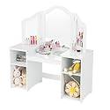 INFANS Kids Vanity, 2 in 1 Princess Makeup Desk Set with Tri-Folding Detachable Mirror, Large Storage Shelves, Wooden Dressing Table,Pretend Play Vanity Set for Girls