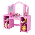 INFANS Kids Vanity, 2 in 1 Princess Makeup Desk Set with Tri-Folding Detachable Mirror, Large Storage Shelves, Wooden Dressing Table,Pretend Play Vanity Set for Girls