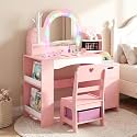 INFANS Kids Vanity with Lights, Princess Makeup Desk with Mirror, Jewelry Hanger, Fabric Drawers, Toddler Table and Chair Set Pretend Play for Girls