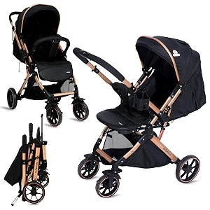 infantso glidex premium baby stroller  pram reversible handle one-hand fold and 360 rotating wheels travel friendly 5 points safety harness extendable canopy multilevel recline adjustable footrest easy fold shock absorption wheels for babies 0 to 3 years golden black