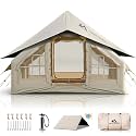Inflatable Camping Tents 4/6/8/10 Person, Large Inflatable Hot Tent with Stove Jack, 4 Season Blow up Tent with Waterproof Canopy/Ground Tarp, Anti-Moisture Matress for Camping Outdoors