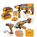 Ingco 20V Brushless Cordless 3 Pcs Combo Kit, Impact Drill, Angle Grinder, Rotary Hammer, 4.0Ah Battery, Charger & 47Pcs Accessories, Power Tool Set with Plastic Storage Case