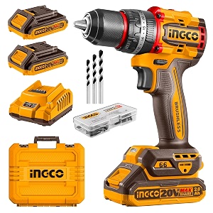 ingco - 20v brushless cordless hammer drill 66nm compact impact drill variable speed control 2211 torque adjustment with led light 50 accessories with 2 x 20 batteries