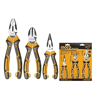 ingco 3 pcs high leverage pliers set cr-v  black finish and polish include 9534 linesman pliers 734 diagonal cutting pliers 834 needle nose pliers suitable for home car amp toy maintenance etc