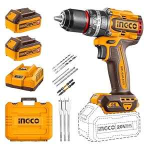 ingco cordless impact drill 96nm 20v brushless combi drill 13mm chuck 2211 torque 2 speed led work light with 2pcs 40ah battery and 1pcs charger perfect for home garden diy project