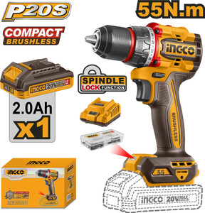 ingco compact brushless cordless drill 55nm 13mm metal chuck 2-speed with 1pcs battery 1pcs charger 47pcs accessories cdli205582 cordless drill