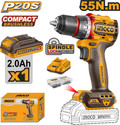 INGCO Compact Brushless Cordless Drill 55Nm, 13mm Metal Chuck, 2-Speed, with 1Pcs Battery, 1Pcs Charger, 47Pcs Accessories, CDLI205582 Cordless Drill