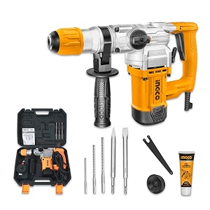 ingco innovative industrial 1500w rotary hammer cum breaker cum demolition hammer with 3 drills and 2 chisels corded-electric 220-240v - yellow