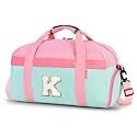Initial Kids Duffle Bag for Boys or Girls, Kids Overnight Bag with Shoe Compartment, Personalized Weekender bags, Birthday Gifts for Women Boys Girls (Pink Green-Letter K)