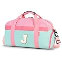 Initial Kids Duffle Bag for Boys or Girls, Kids Overnight Bag with Shoe Compartment, Personalized Weekender bags, Birthday Gifts for Women Boys Girls (Pink Green-Letter J)