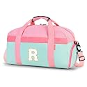Initial Kids Duffle Bag for Boys or Girls, Kids Overnight Bag with Shoe Compartment, Personalized Weekender bags, Birthday Gifts for Women Boys Girls(Pink Green-Letter R)