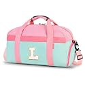 Initial Kids Duffle Bag for Boys or Girls, Kids Overnight Bag with Shoe Compartment, Personalized Weekender bags, Birthday Gifts for Women Boys Girls (Pink Green-Letter L)