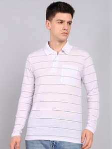INKKR Striped Men Polo Neck White T-Shirt