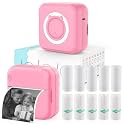 Inkless Mini Thermal Pocket Printer, Wireless Mini Sticker Printer with 10 Rolls Thermal Paper for iOS&amp;Android, Portable Mini Photo Printer for Notes Journal Memo Photo Study, Pink