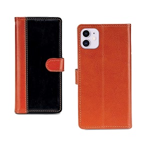 inktree apple iphone 11 pu leather vintage flip cover case  premium leather finish  with card pockets  wallet stand complete protection cover for apple iphone 11 - camel and black