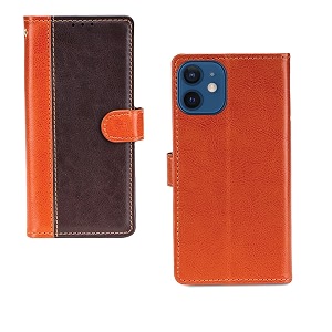 inktree apple iphone 12 mini case  premium leather finish  with card pockets  wallet stand complete protection cover for apple iphone 12 mini - camel and coffee