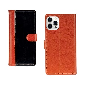 inktree apple iphone 12 pro max case  premium leather finish  with card pockets  wallet stand complete protection cover for apple iphone 12 pro max - camel and black