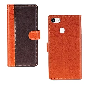 inktree google pixel 3 case  premium leather finish  with card pockets  wallet stand complete protection cover for google pixel 3 - camel and coffee