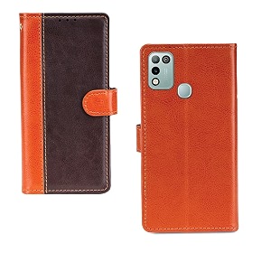 inktree infinix hot 10 play case  premium leather finish  with card pockets  wallet stand complete protection cover for infinix hot 10 play - camel and coffee