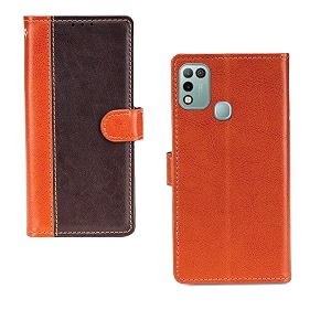 inktree infinix smart 5 case  premium leather finish  with card pockets  wallet stand complete protection cover for infinix smart 5 - camel and coffee