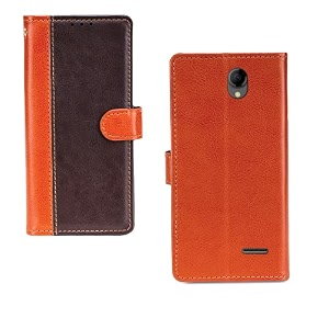 inktree intex aqua wing case  premium leather finish  with card pockets  wallet stand complete protection cover for intex aqua wing - camel and coffee