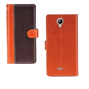 inktree intex star 4g case  premium leather finish  with card pockets  wallet stand complete protection cover for intex star 4g - camel and coffee