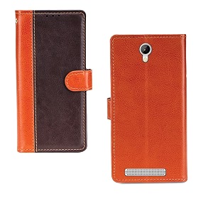 inktree lava a56 case  premium leather finish  with card pockets  wallet stand complete protection cover for lava a56 - camel and coffee